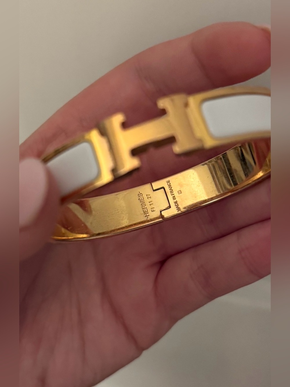 Hermes Clic H Bracelet in White/Rose Gold